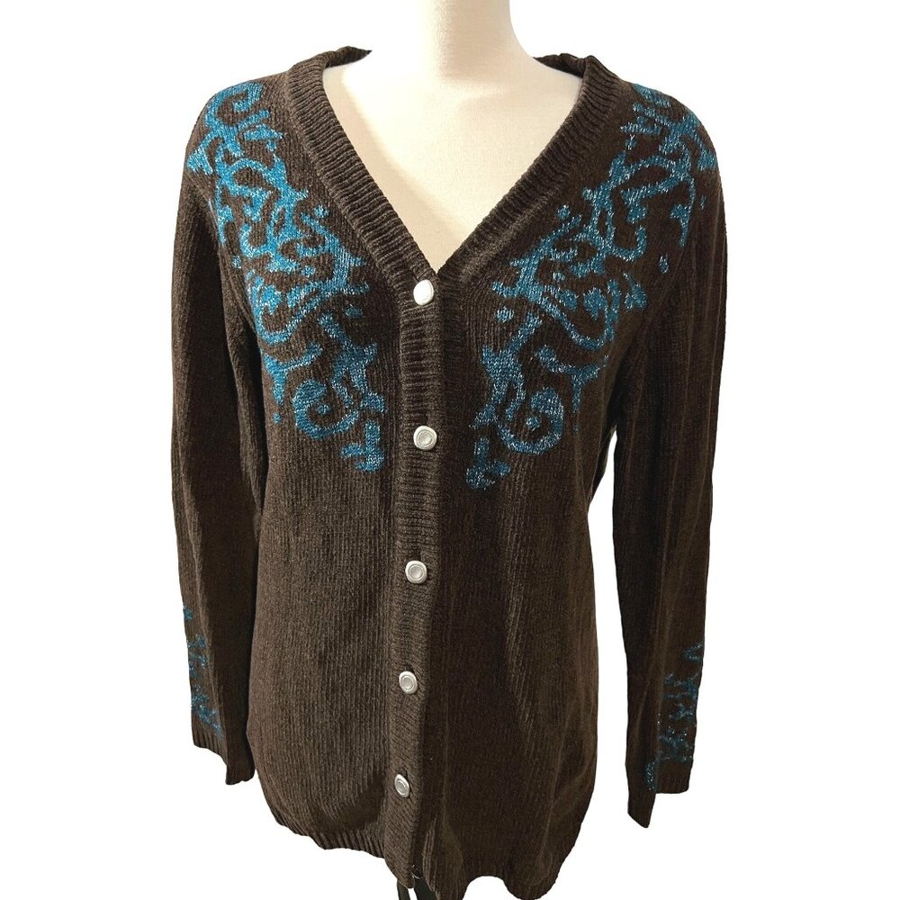 Vintage V Neck Sparkly Cardigan by Gantos Sz Medium Brown & Blue Glittery